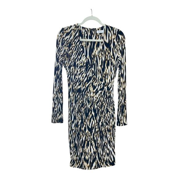 Calvin Klein Leopard Print Faux Wrap Jersey Knit Dress Ruched Side Size Small - Picture 2 of 5